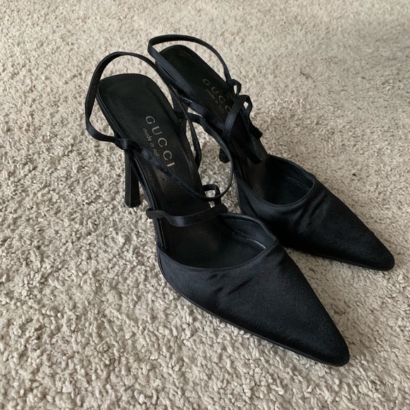 Gucci Shoes - Gucci Satin Strappy Black Heels Size 7.5